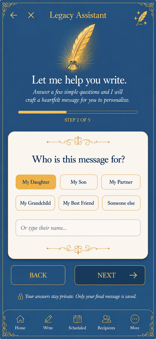 The Legacy Ping AI Writing Assistant screen helping a user shape their message