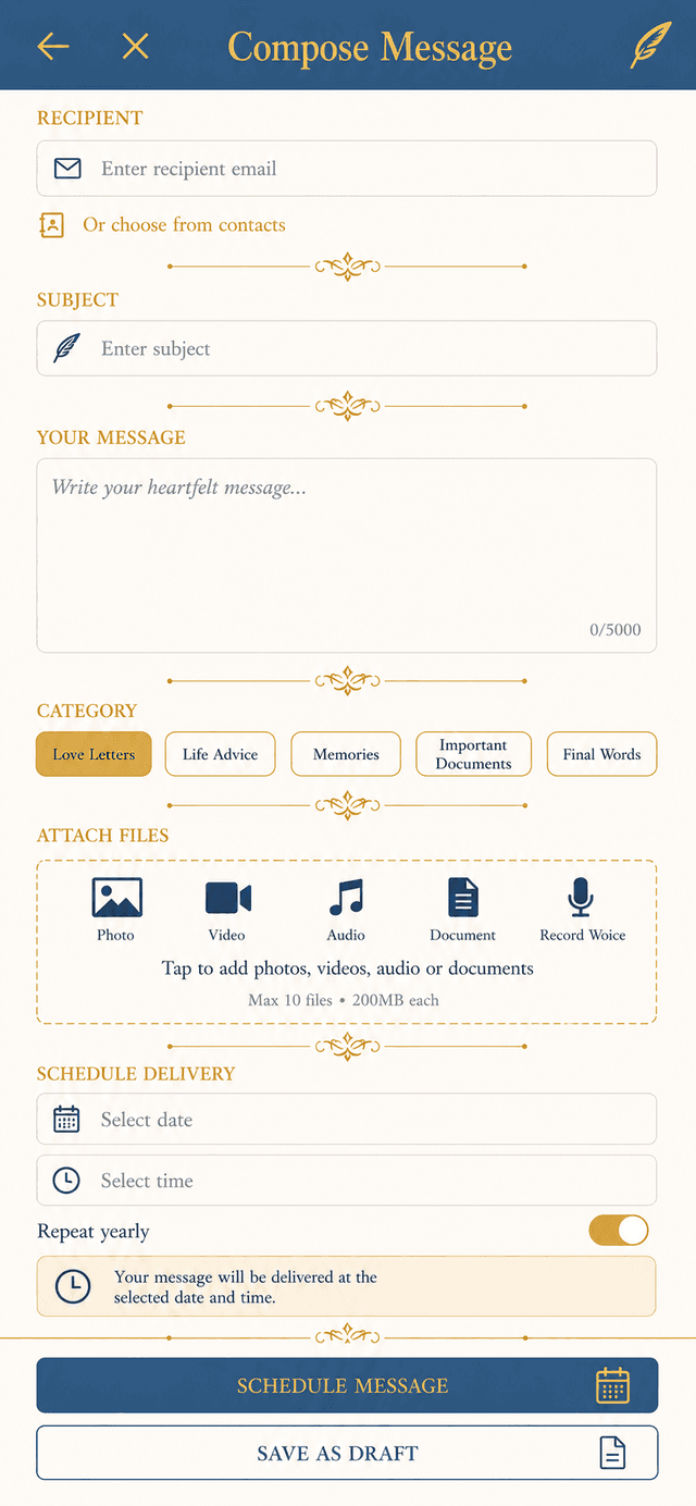 The Compose Message screen in Legacy Ping showing the schedule-delivery date picker for future messages