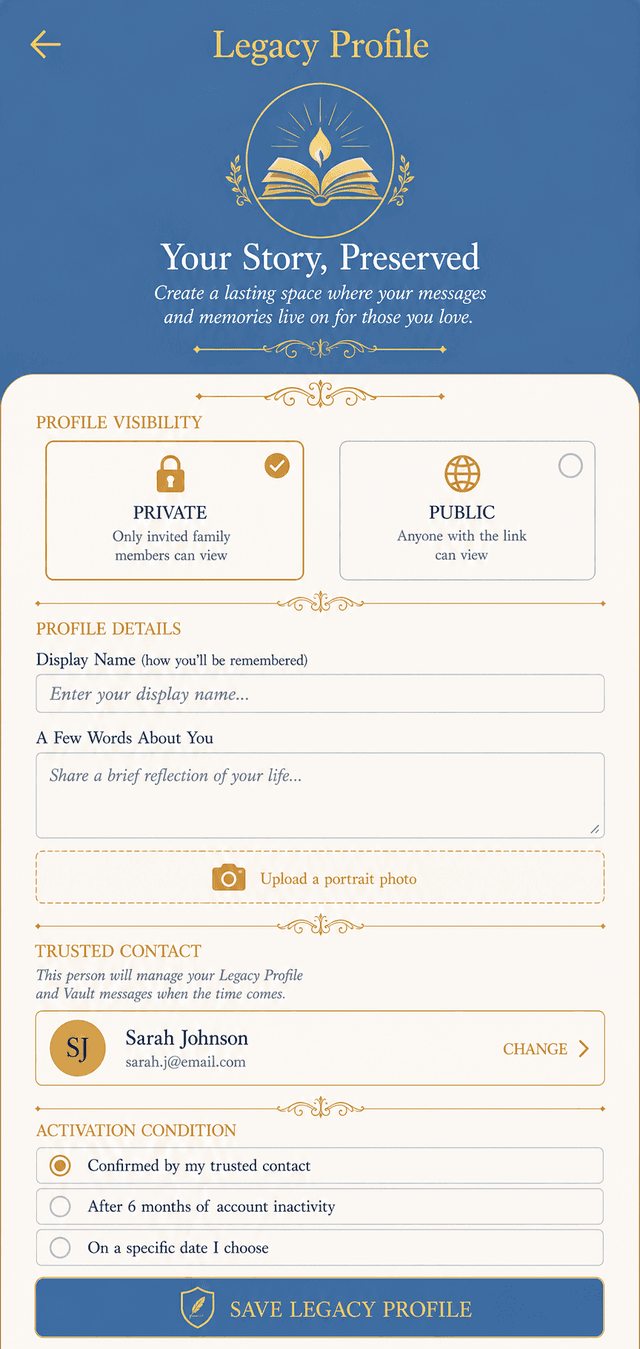 The Legacy Profile Setup screen in Legacy Ping showing how to begin building a personal life story