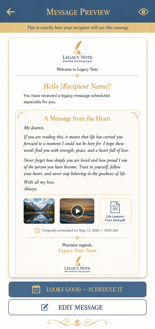 The Legacy Ping Message Preview screen showing a locked message waiting for its delivery date