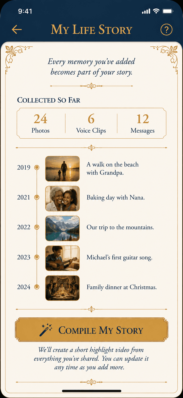 The Legacy Ping AI Life Story screen showing a timeline of accumulated memories building into a life story