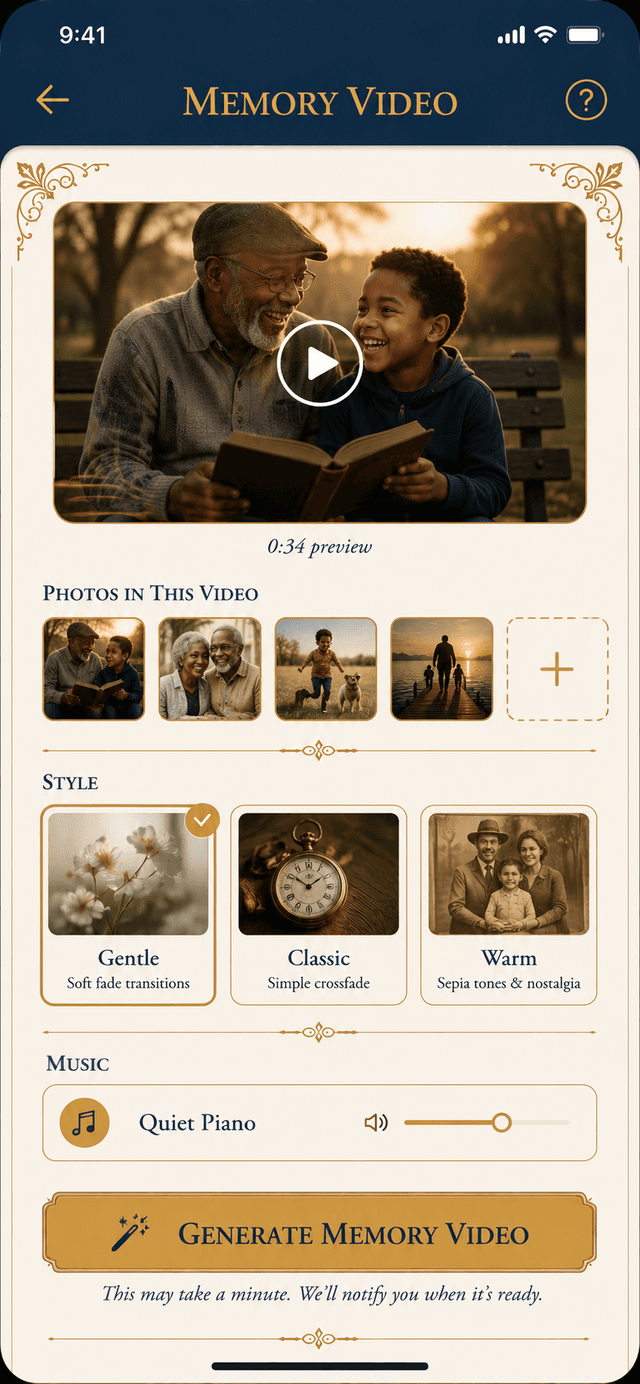 The Legacy Ping AI Memory Video screen showing a cinematic memory film being created from selected photos