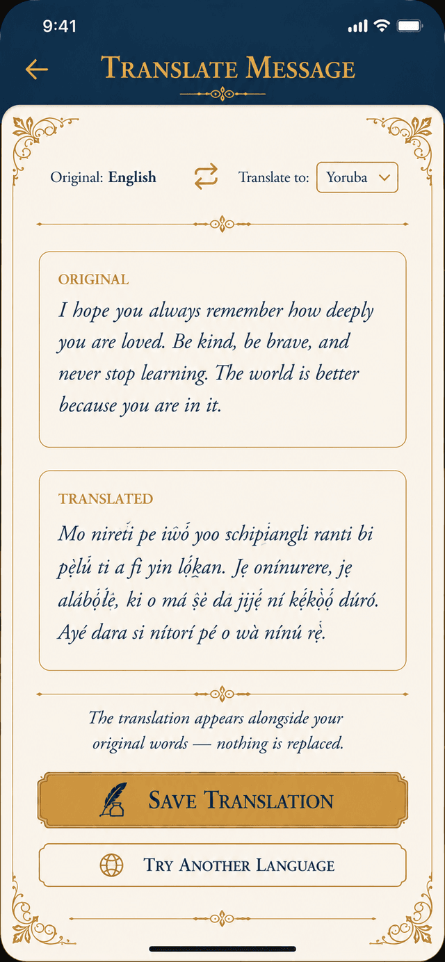 The Legacy Ping AI Translation screen showing an original message alongside its translated version