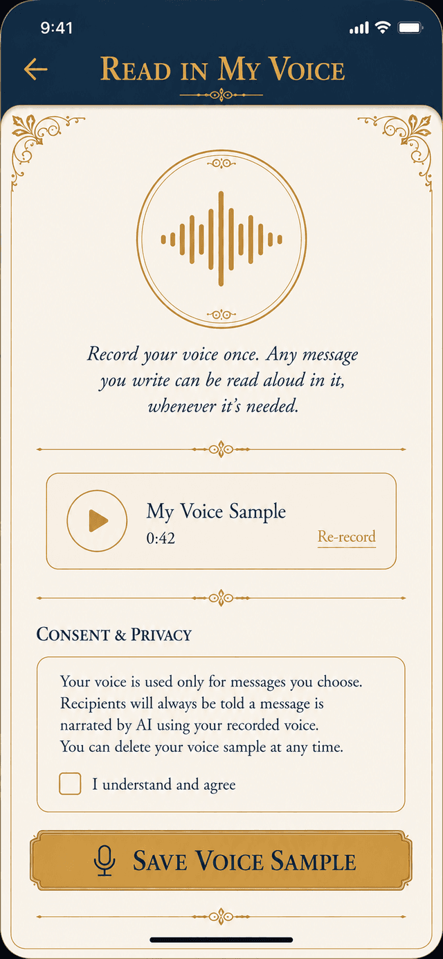 The Legacy Ping AI Voice Narration screen with waveform showing a voice being preserved alongside a written message
