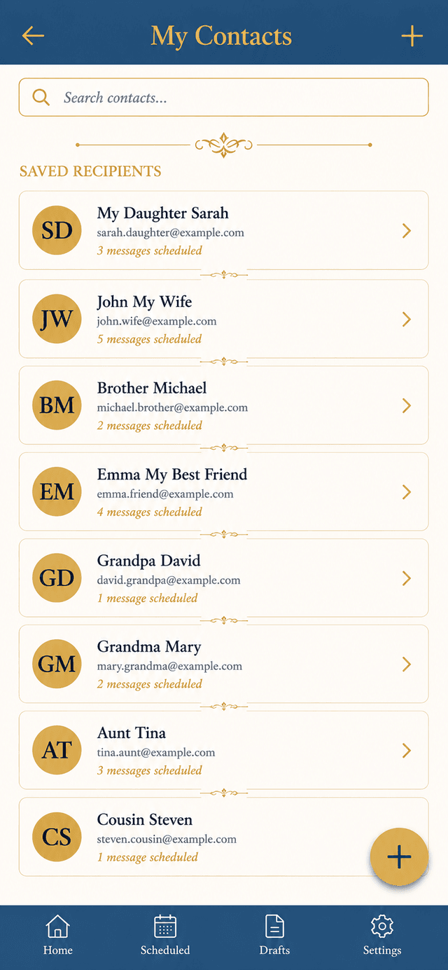 The Contact Book screen in Legacy Ping showing a list of family members and their details