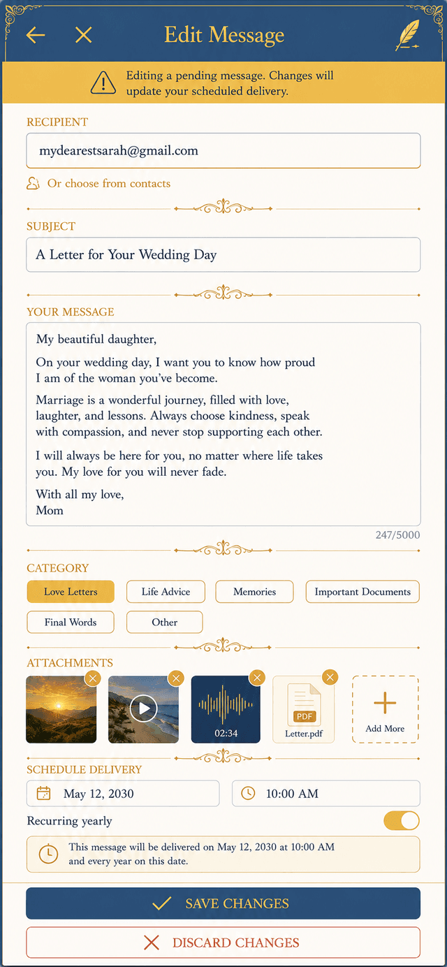 The Legacy Ping Edit Message screen showing a composed message with a future delivery date set