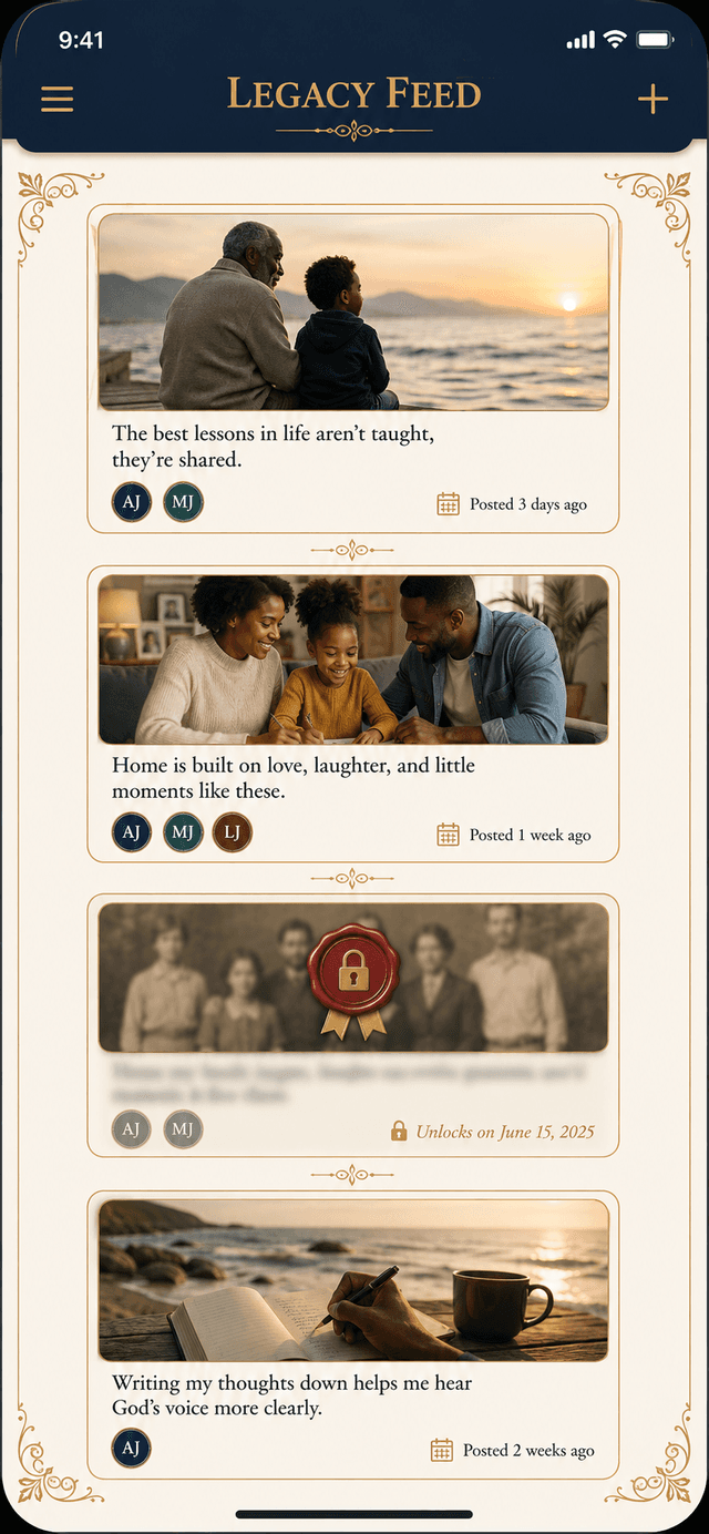 The Legacy Feed inside the Legacy Ping app, showing posts from your life on a private social timeline