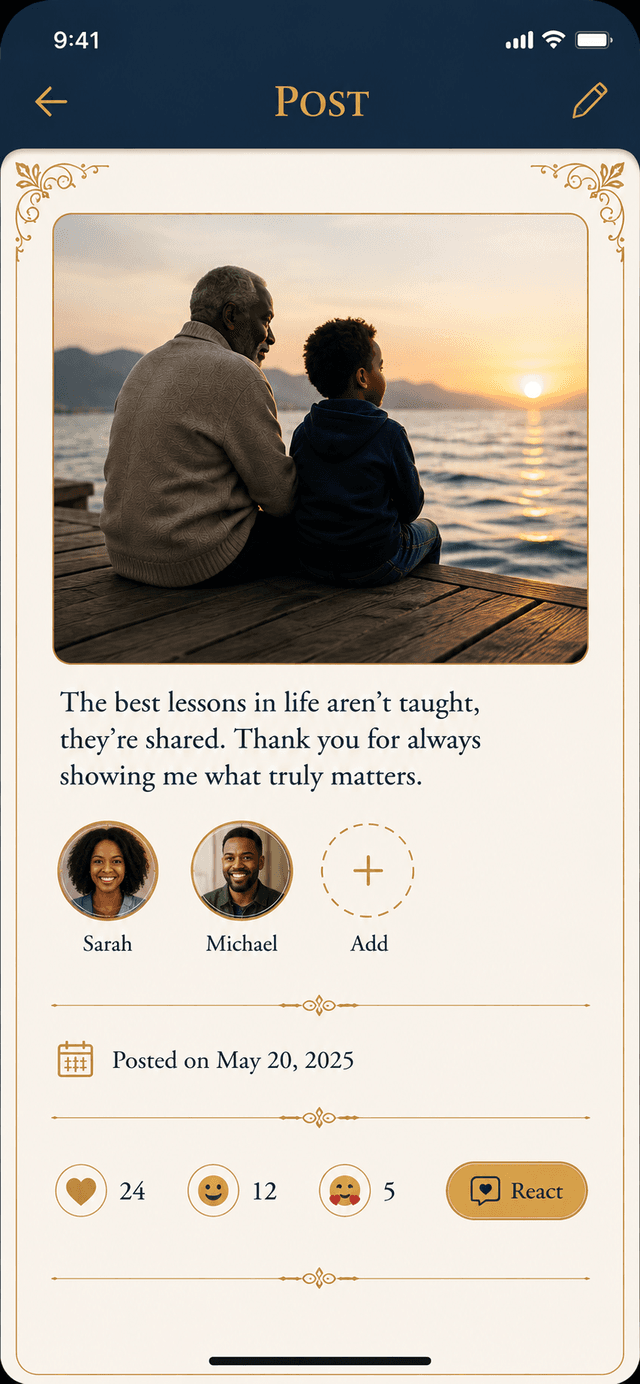 A post detail view in Legacy Ping showing a photo memory with tags and reactions